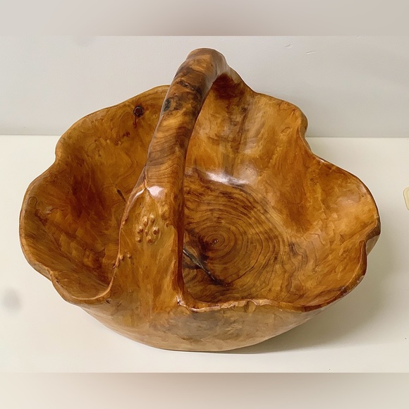 Mid Century Vtg Artisan Hand Carved Solid Tree Burl Wooden Fruit Bowl Basket - Picture 6 of 16